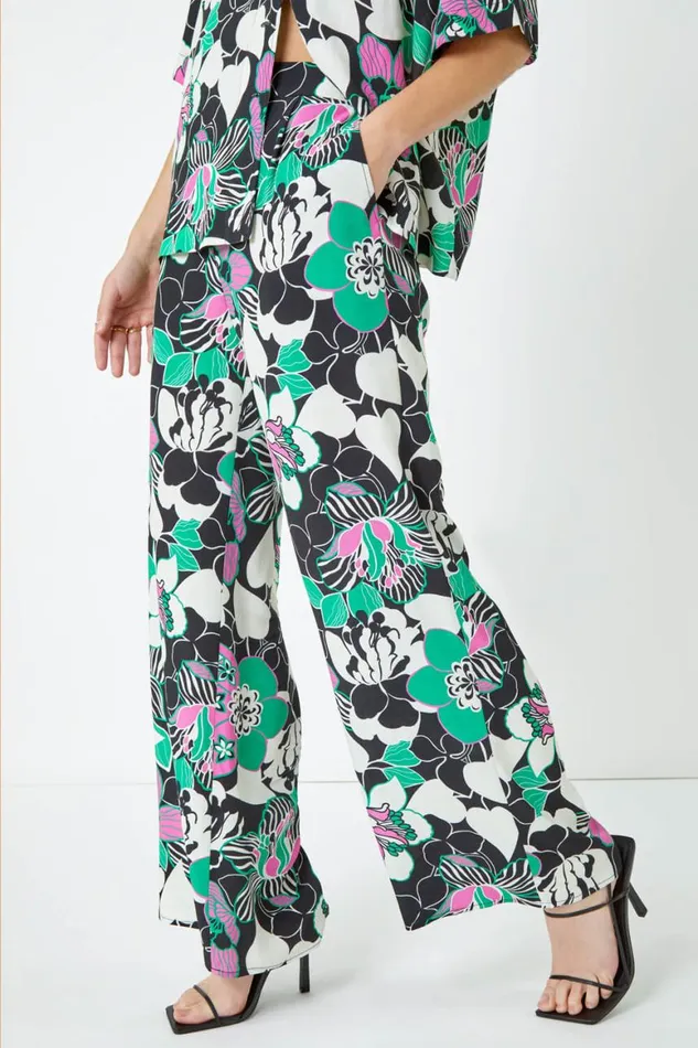 Women Black Floral Wide Leg Trousers Roman Occasionwear