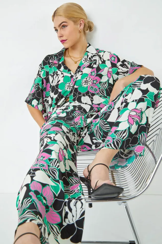 Women Black Floral Wide Leg Trousers Roman Occasionwear