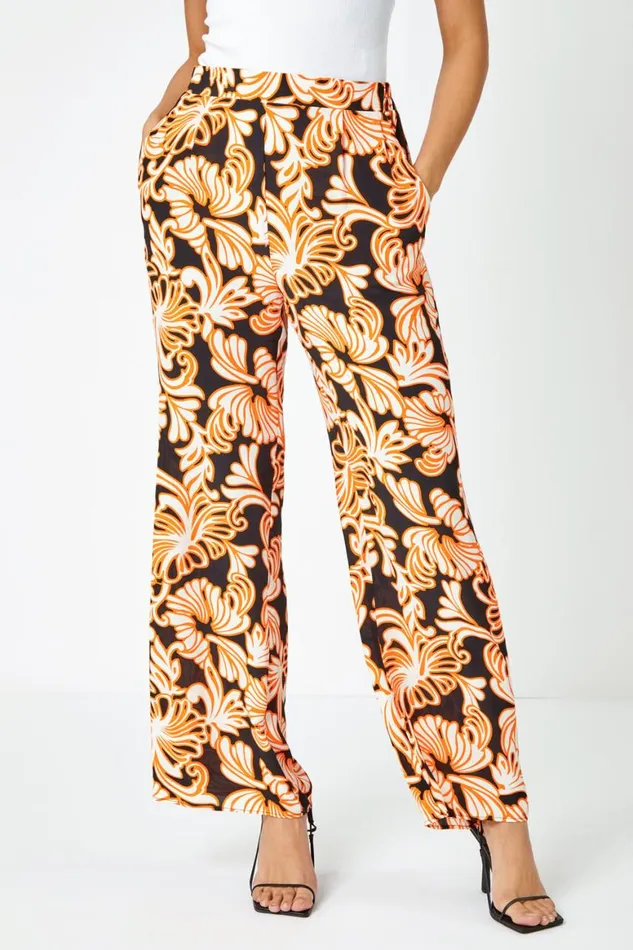Women Black Floral Wide Leg Trousers Roman Trousers