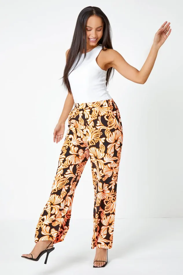 Women Black Floral Wide Leg Trousers Roman Trousers