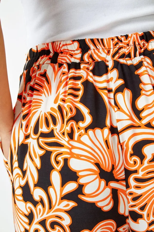 Women Black Floral Wide Leg Trousers Roman Trousers