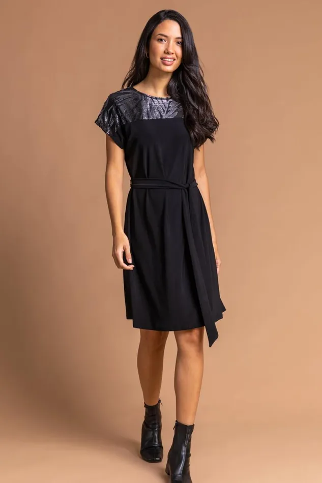 Women Black Foil Print Contrast Yoke Skater Dress Roman Dresses