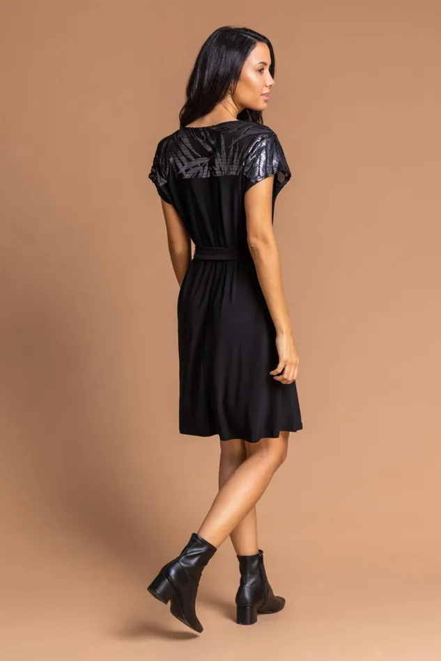 Women Black Foil Print Contrast Yoke Skater Dress Roman Dresses