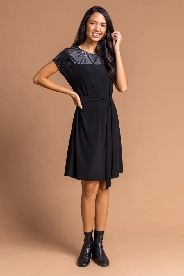 Women Black Foil Print Contrast Yoke Skater Dress Roman Dresses