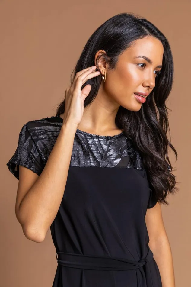 Women Black Foil Print Contrast Yoke Skater Dress Roman Dresses