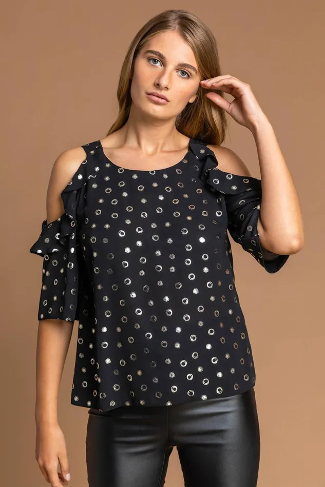Women Black Foil Print Frill Cold Shoulder Chiffon Top Roman Tops