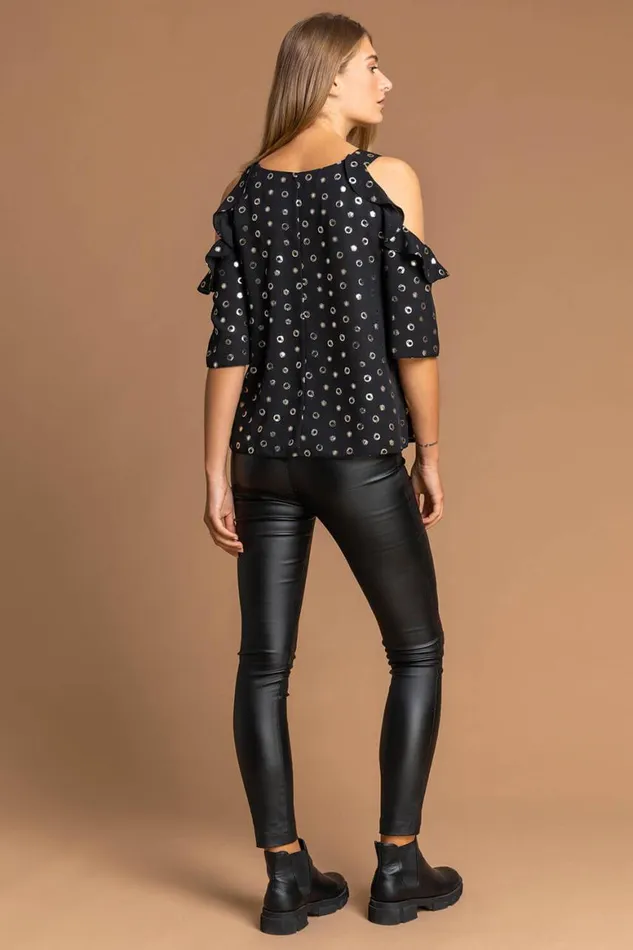Women Black Foil Print Frill Cold Shoulder Chiffon Top Roman Tops