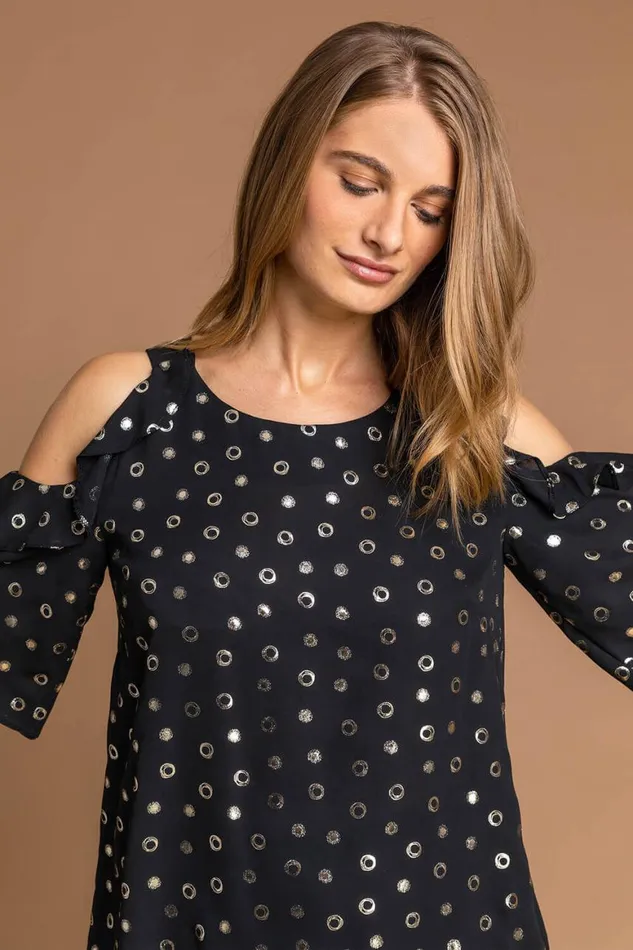 Women Black Foil Print Frill Cold Shoulder Chiffon Top Roman Tops