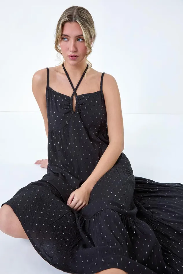 Women Black Foil Spot Strappy Cross Over Midi Dress Roman Dresses