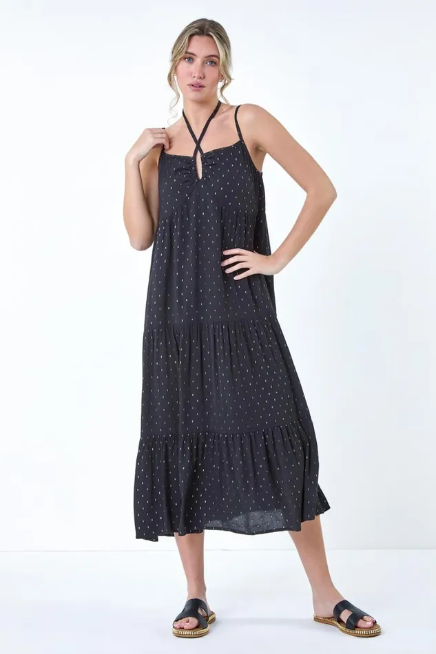 Women Black Foil Spot Strappy Cross Over Midi Dress Roman Dresses