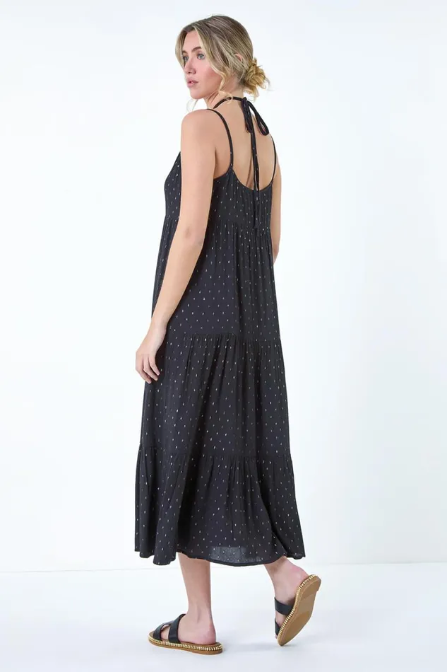 Women Black Foil Spot Strappy Cross Over Midi Dress Roman Dresses