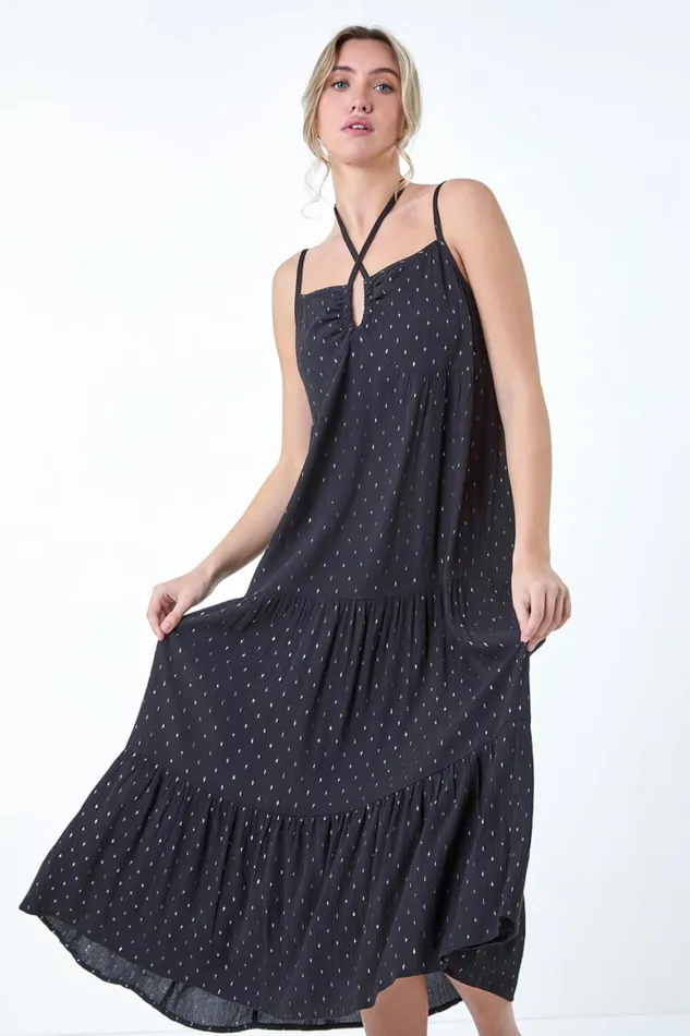 Women Black Foil Spot Strappy Cross Over Midi Dress Roman Dresses