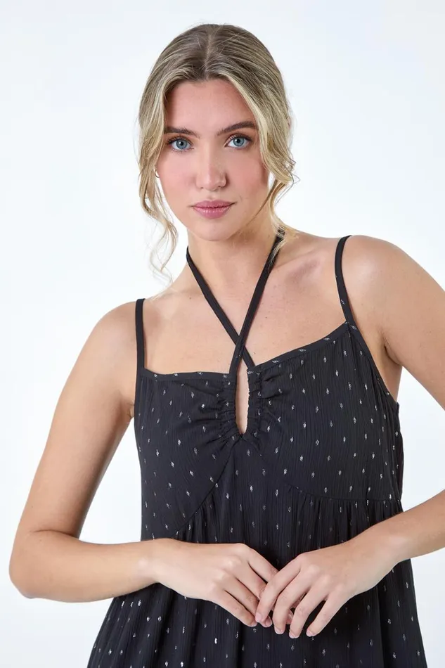 Women Black Foil Spot Strappy Cross Over Midi Dress Roman Dresses