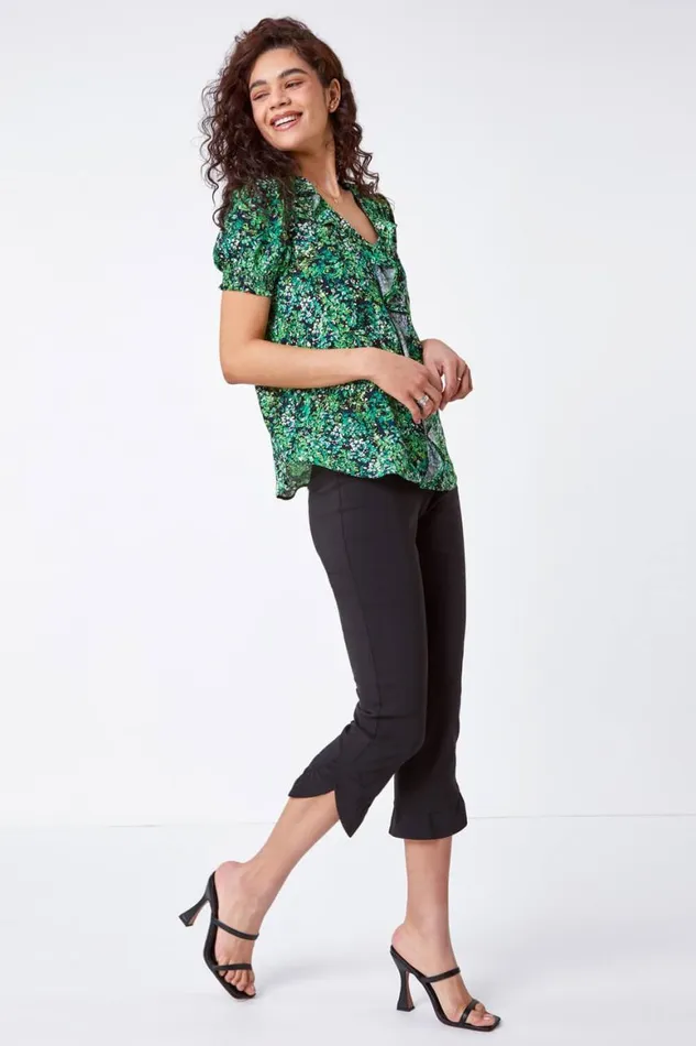 Women Black Frill Hem Stretch Cropped Trousers Roman Trousers