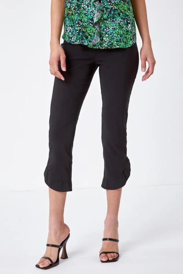 Women Black Frill Hem Stretch Cropped Trousers Roman Trousers
