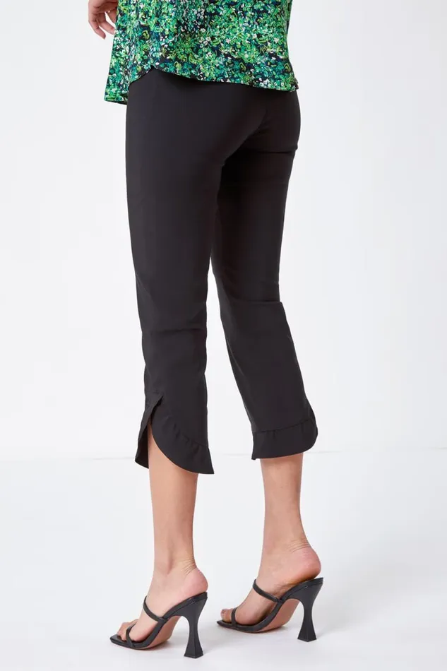Women Black Frill Hem Stretch Cropped Trousers Roman Trousers
