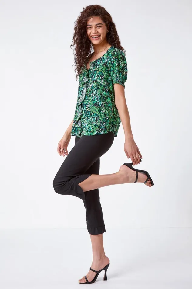 Women Black Frill Hem Stretch Cropped Trousers Roman Trousers