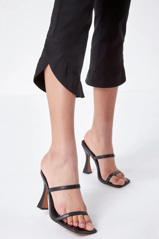 Women Black Frill Hem Stretch Cropped Trousers Roman Trousers