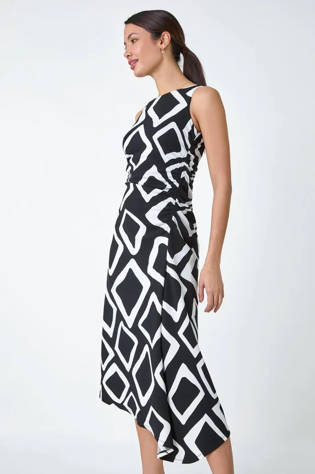 Women Black Geometric Asymmetric Midi Stretch Dress Roman Dresses