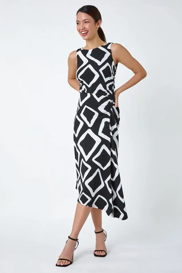Women Black Geometric Asymmetric Midi Stretch Dress Roman Dresses