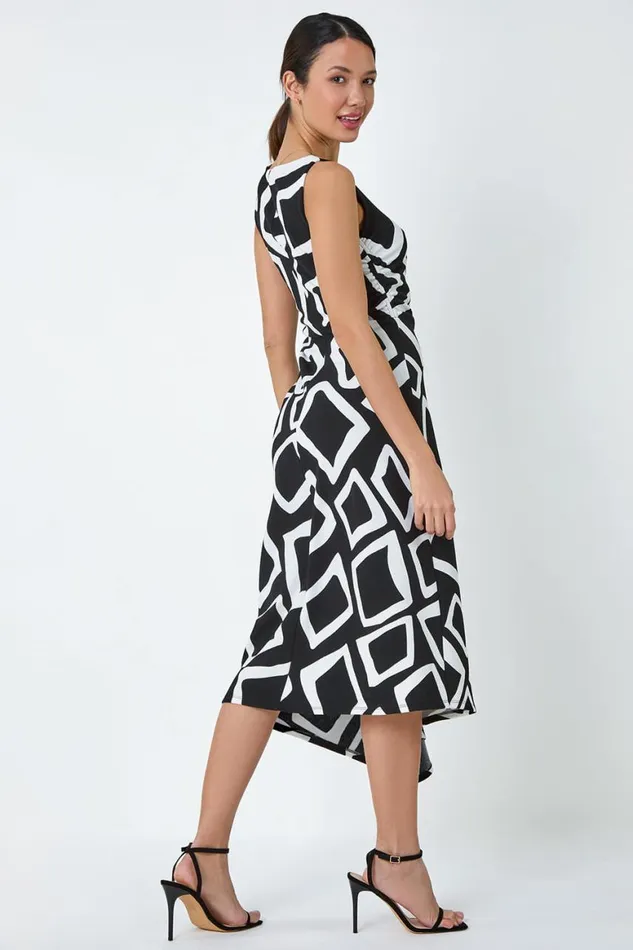 Women Black Geometric Asymmetric Midi Stretch Dress Roman Dresses