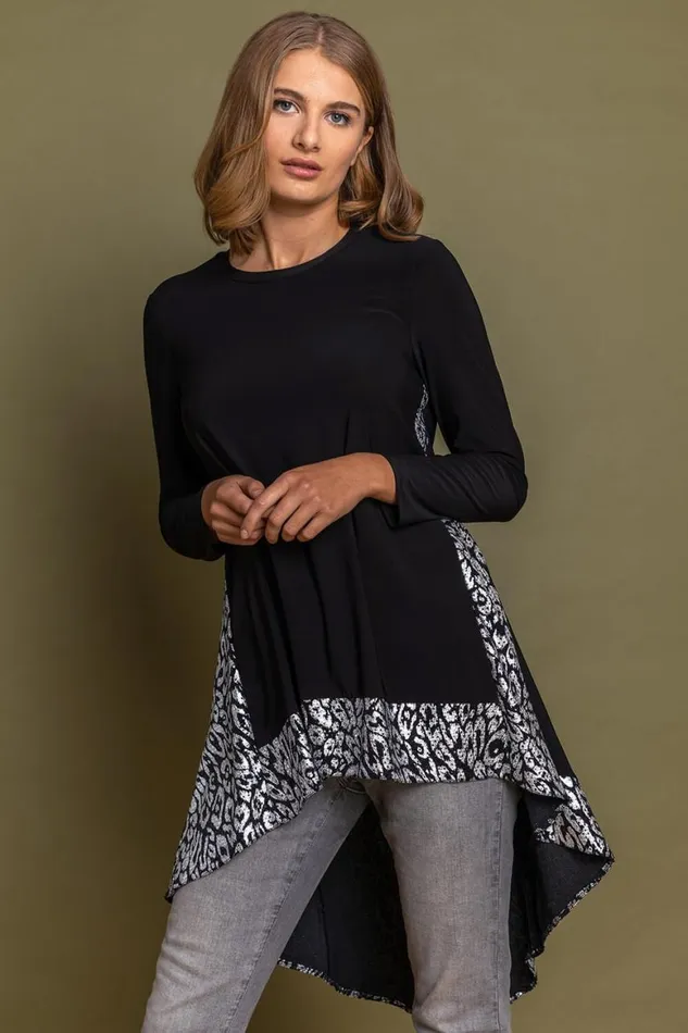 Women Black Glitter Animal Print Dipped Hem Top Roman Tops