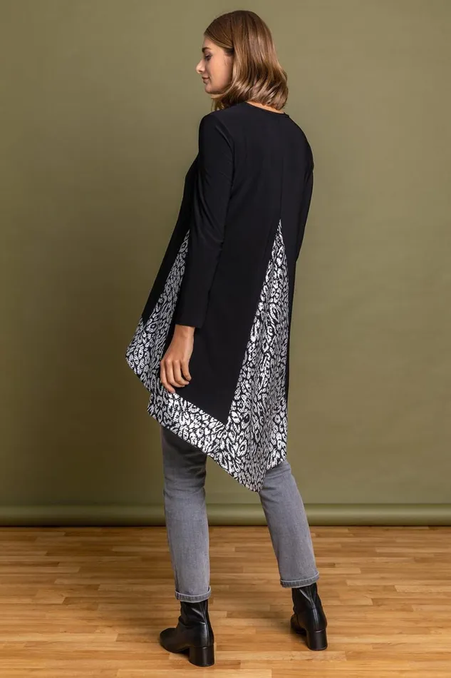 Women Black Glitter Animal Print Dipped Hem Top Roman Tops