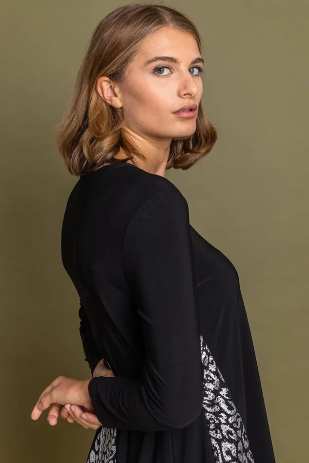 Women Black Glitter Animal Print Dipped Hem Top Roman Tops