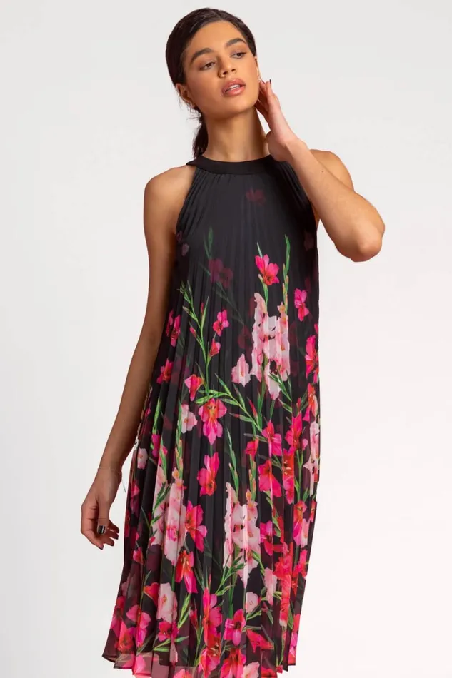 Women Black High Neck Floral Pleated Swing Dress Roman Dresses