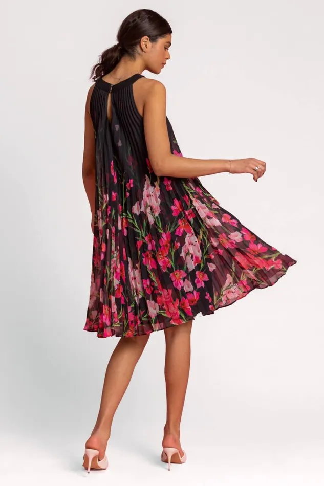 Women Black High Neck Floral Pleated Swing Dress Roman Dresses