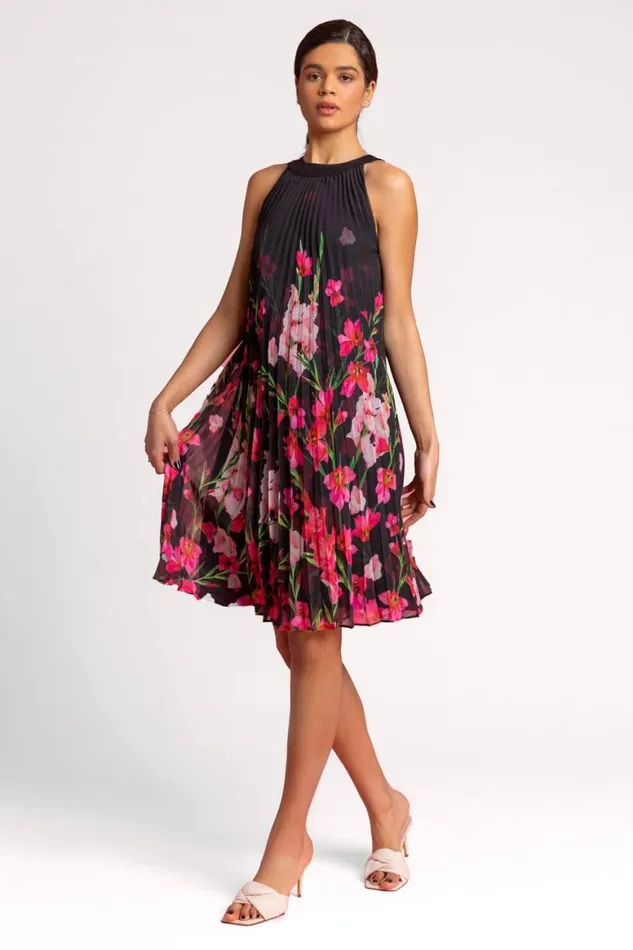 Women Black High Neck Floral Pleated Swing Dress Roman Dresses
