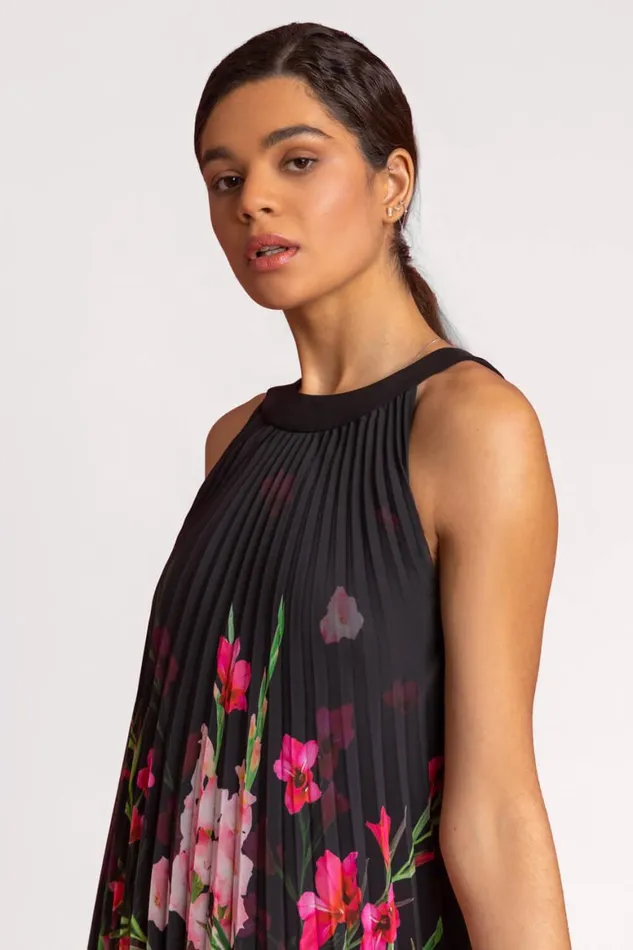 Women Black High Neck Floral Pleated Swing Dress Roman Dresses