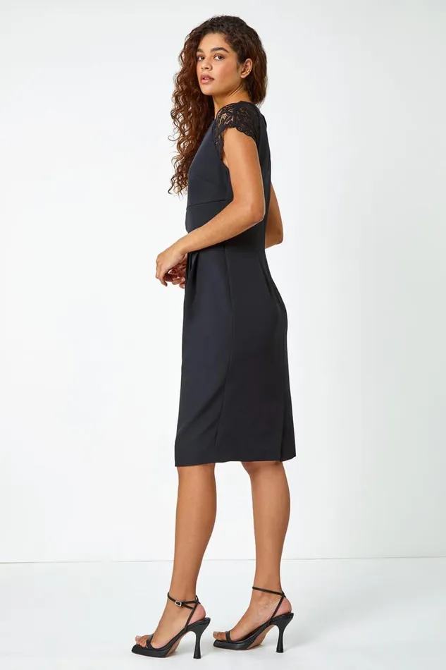 Women Black Lace Detail Shift Stretch Dress Roman Dresses