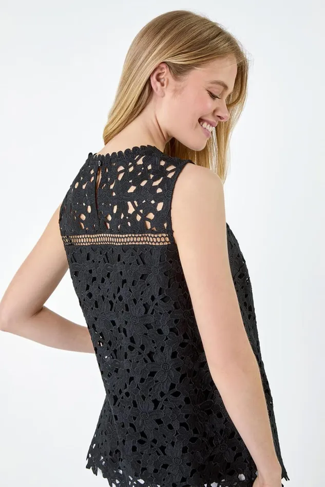 Women Black Ladder Trim Lace Jersey Top Roman Tops