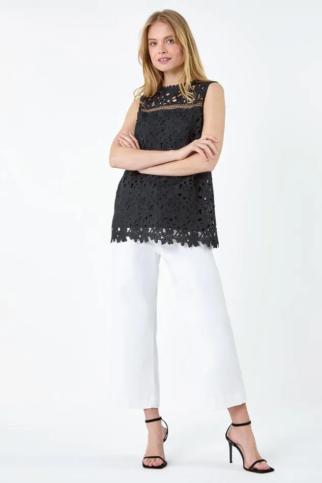 Women Black Ladder Trim Lace Jersey Top Roman Tops