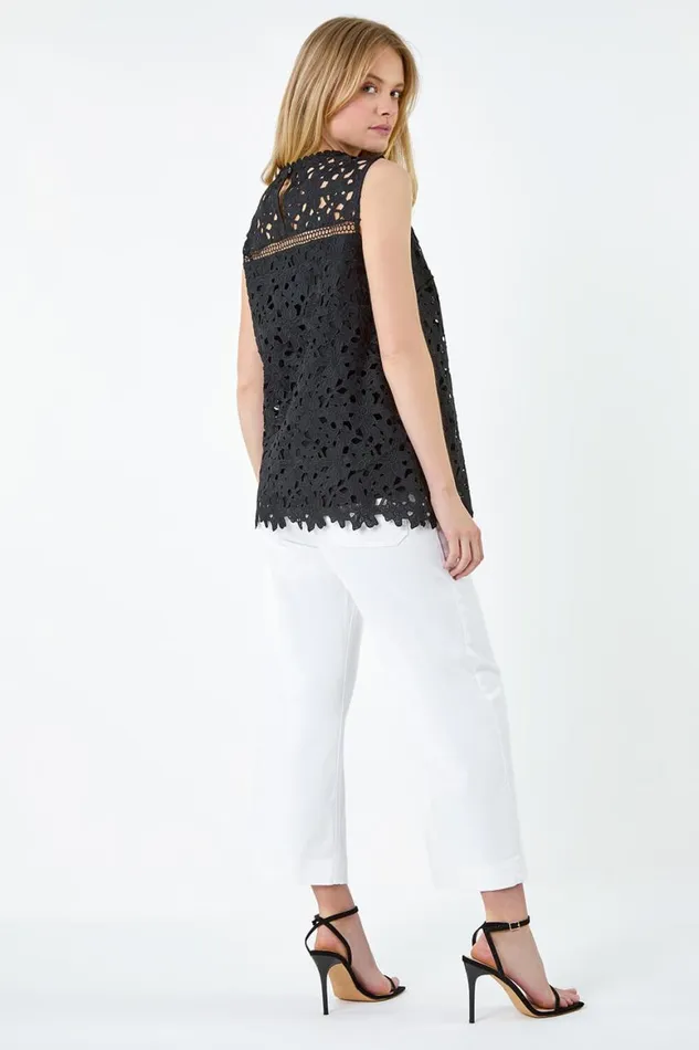 Women Black Ladder Trim Lace Jersey Top Roman Tops