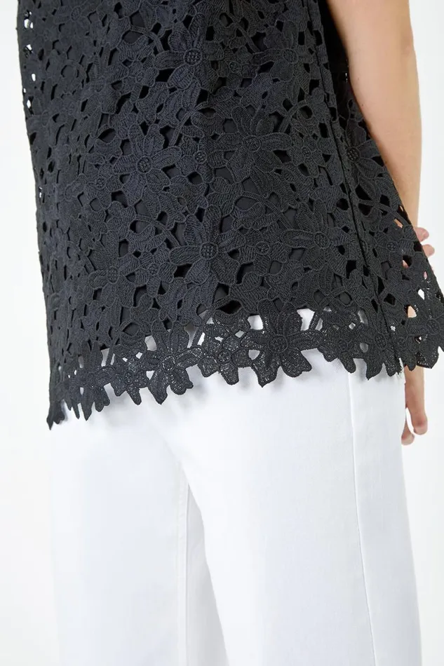 Women Black Ladder Trim Lace Jersey Top Roman Tops