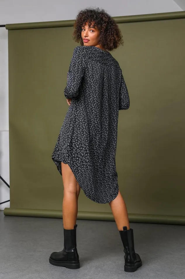 Women Black Leaf Print Chiffon Asymmetric Tunic Dress Roman Dresses