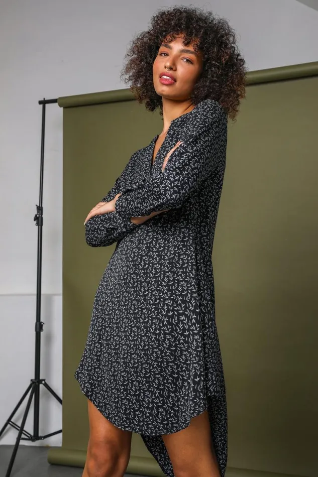 Women Black Leaf Print Chiffon Asymmetric Tunic Dress Roman Dresses