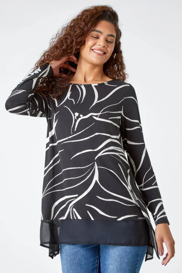 Women Black Leaf Print Chiffon Hem Stretch Top Roman Tops