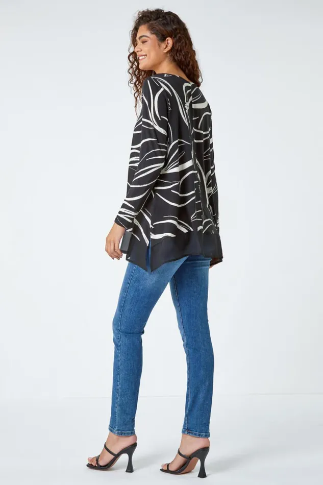 Women Black Leaf Print Chiffon Hem Stretch Top Roman Tops
