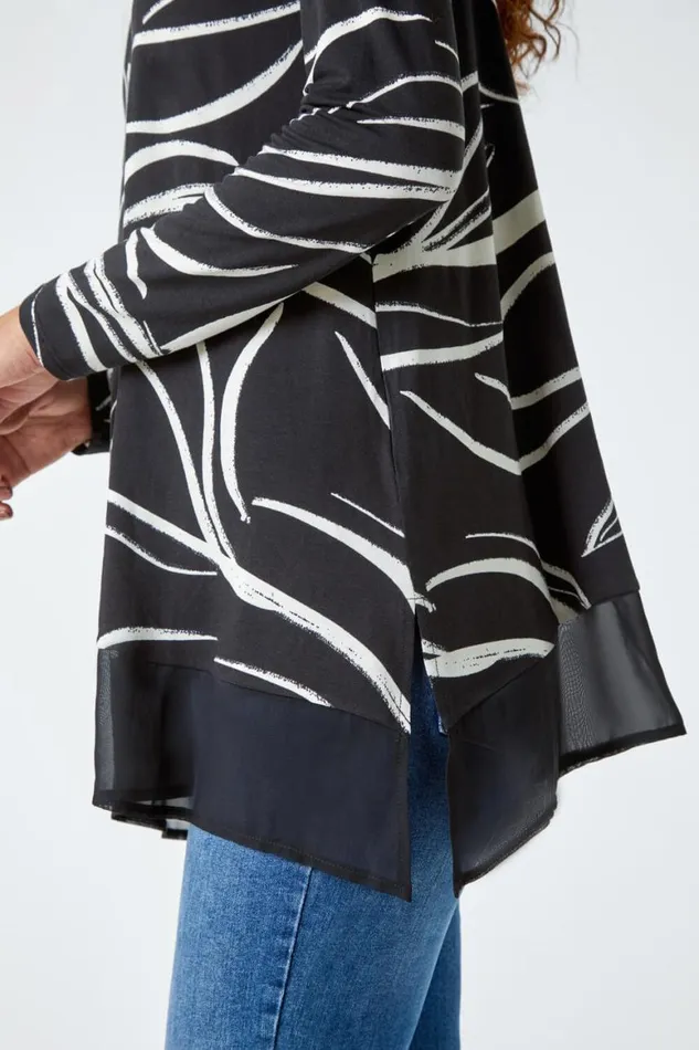 Women Black Leaf Print Chiffon Hem Stretch Top Roman Tops