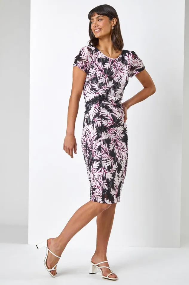 Women Black Leaf Print Ruched Lace Dress Roman Dresses