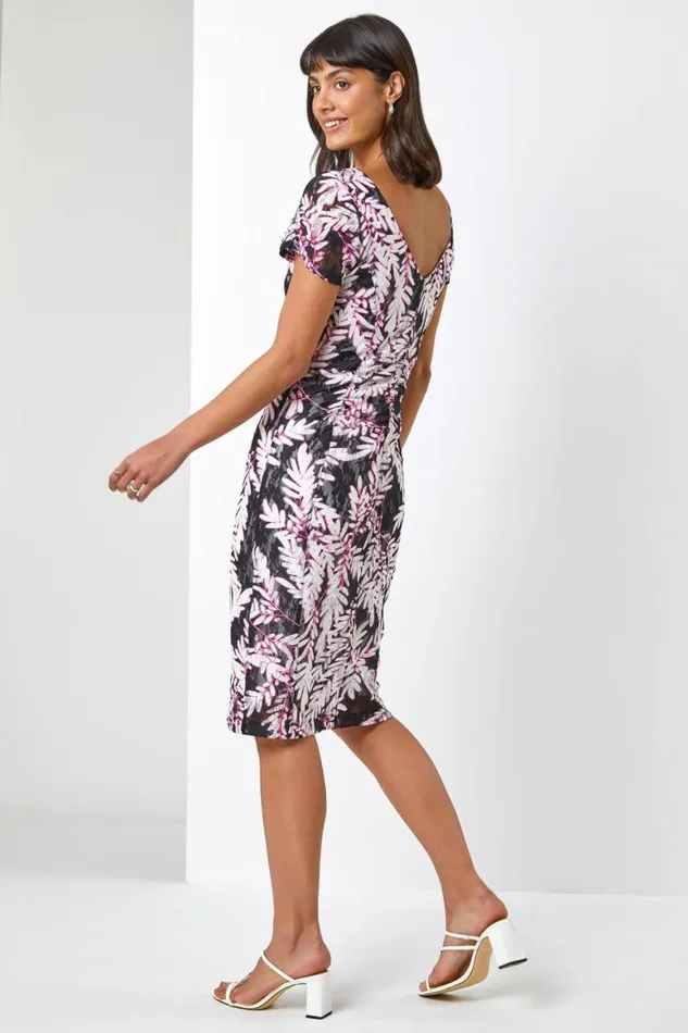 Women Black Leaf Print Ruched Lace Dress Roman Dresses