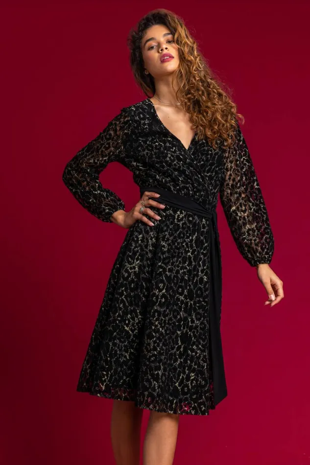 Women Black Leopard Print Shimmer Lace Wrap Skater Dress Roman Dresses