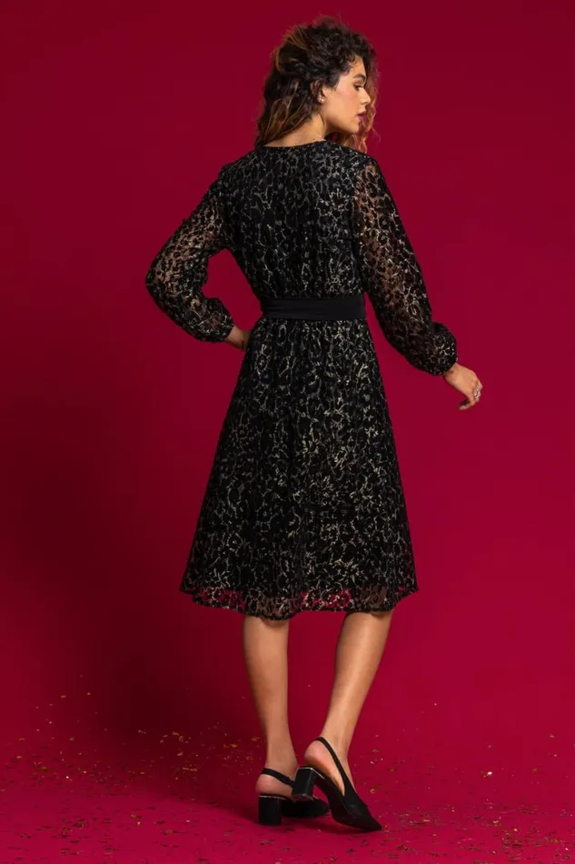 Women Black Leopard Print Shimmer Lace Wrap Skater Dress Roman Dresses