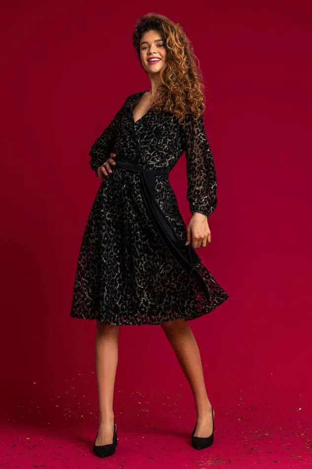 Women Black Leopard Print Shimmer Lace Wrap Skater Dress Roman Dresses