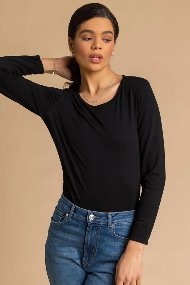 Women Black Long Sleeve Crew Neck TShirt Roman Tops
