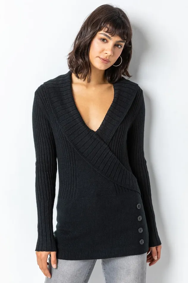 Women Black Longline Ribbed Overlap VNeck Tunic Jumper Roman Knitwear
