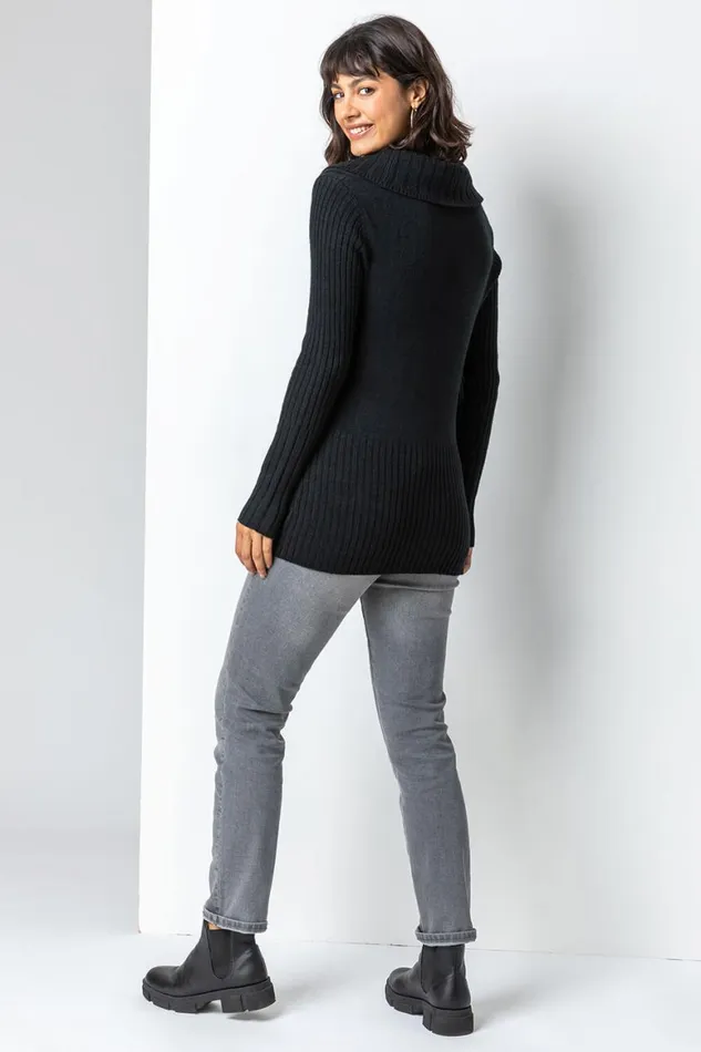 Women Black Longline Ribbed Overlap VNeck Tunic Jumper Roman Knitwear